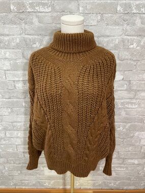 Lulus Oh What a Feeling Heather Brown Cable Knit Turtleneck Sweater